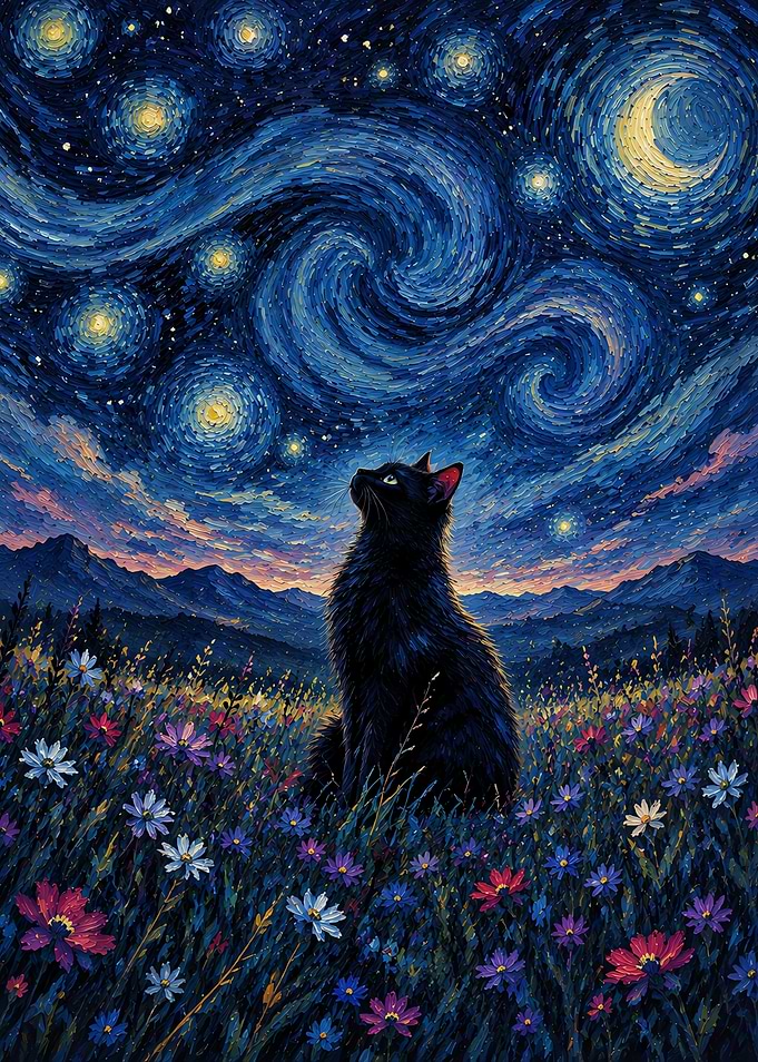 Black Cat Under Starry Night Sky