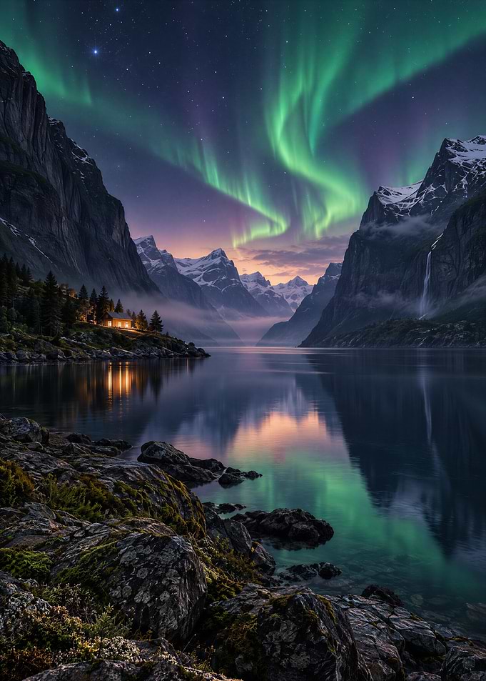 Aurora Borealis Over Mountain Lake Cabin