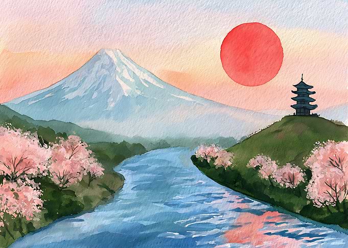 Watercolor Mount Fuji and Pagoda Landscape