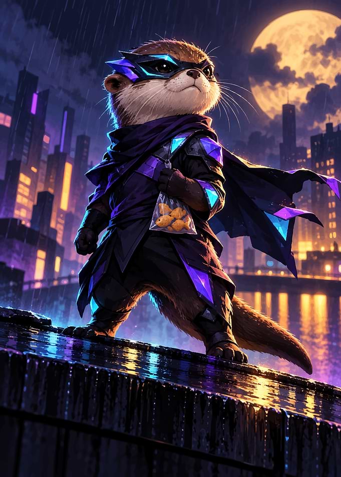Cyberpunk Otter Superhero with Goldfish Snack
