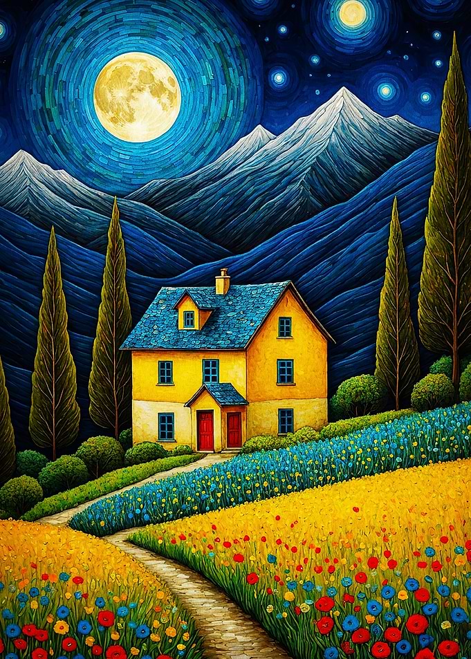 Mountain House Night Sky Art Poster