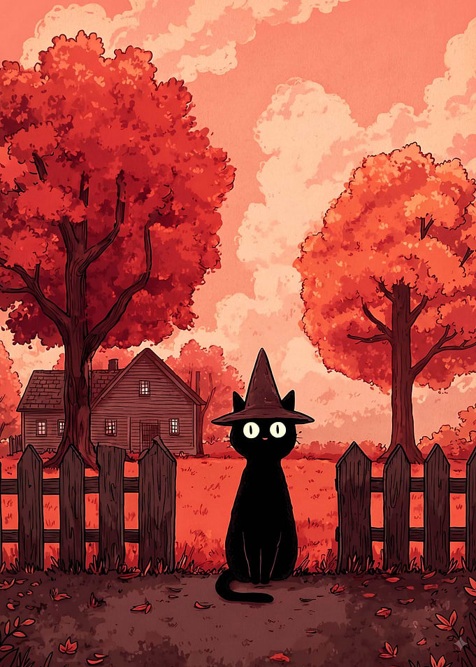 Cute Black Cat Witch in Autumn