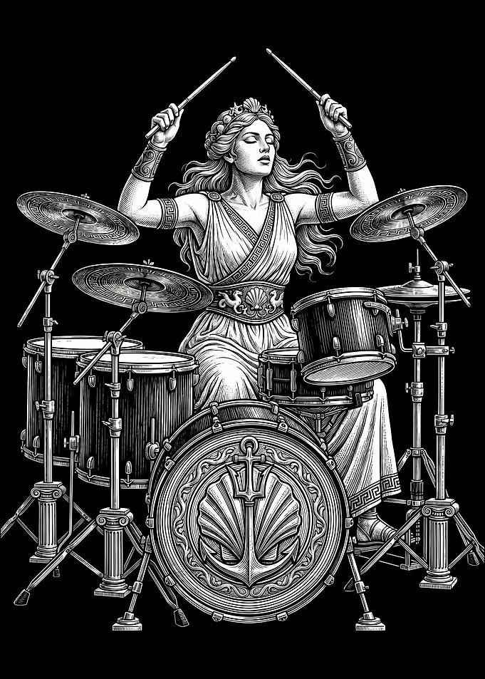Aphrodite Goddess Playing Drums Illustration