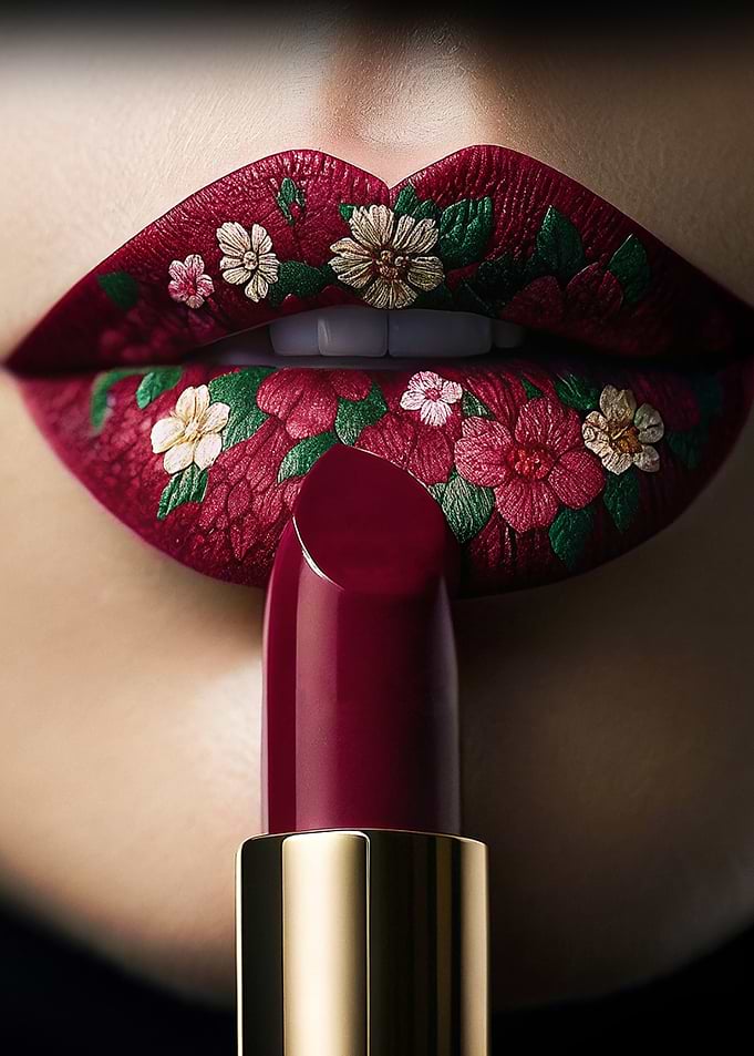 Floral Patterned Deep Red Lipstick