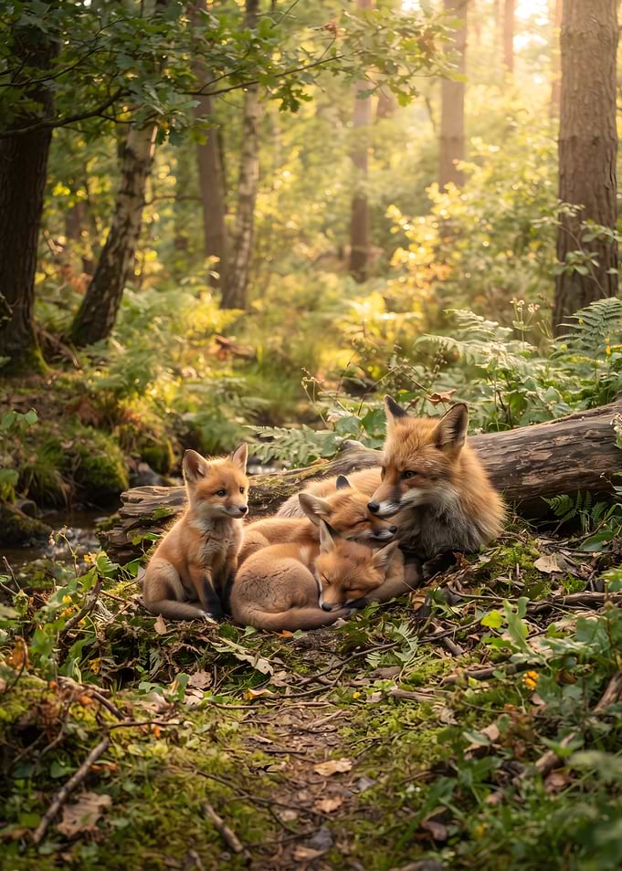 Mother Fox and Kits in Forest