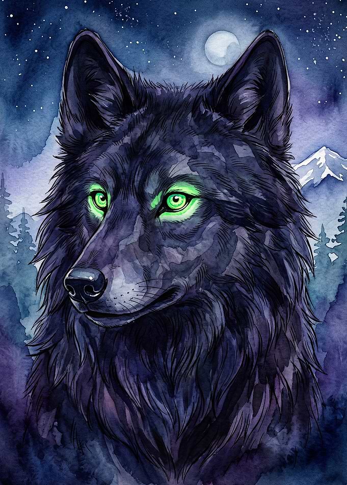 Wolf Green Eyes Night Watercolor Ar