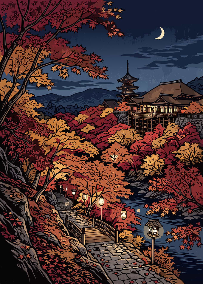 Japanese Temple at Night in Autumn