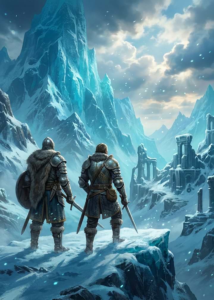 Two Warriors Exploring Frozen Ruins