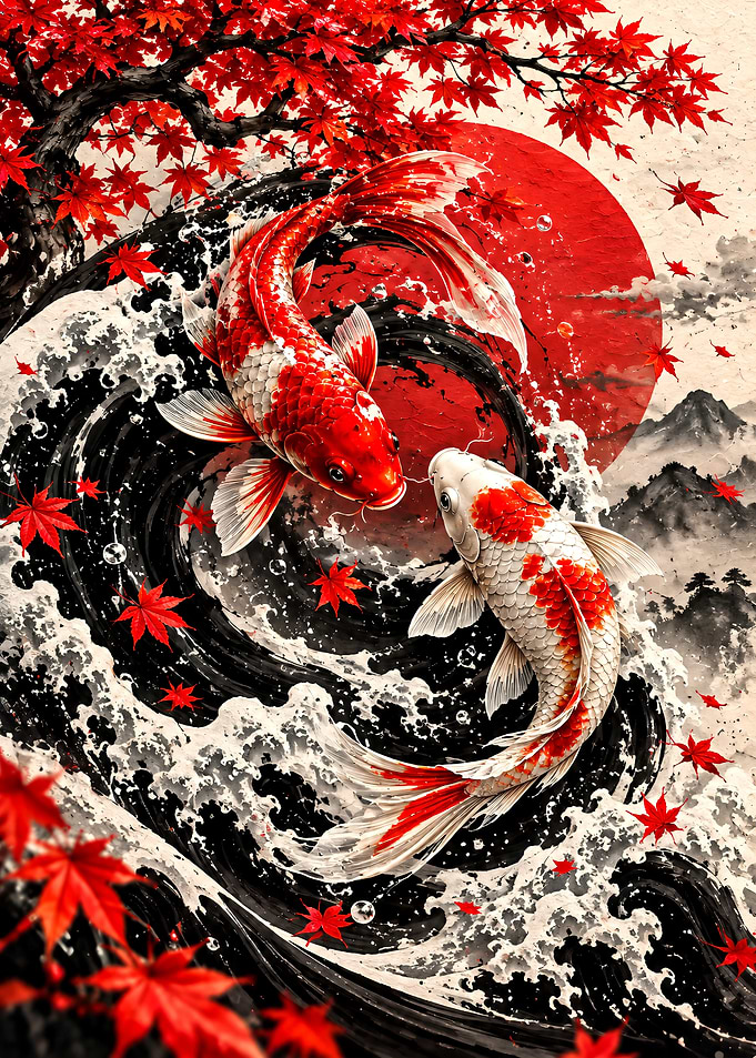 Koi Fish and Maple Leaves Art