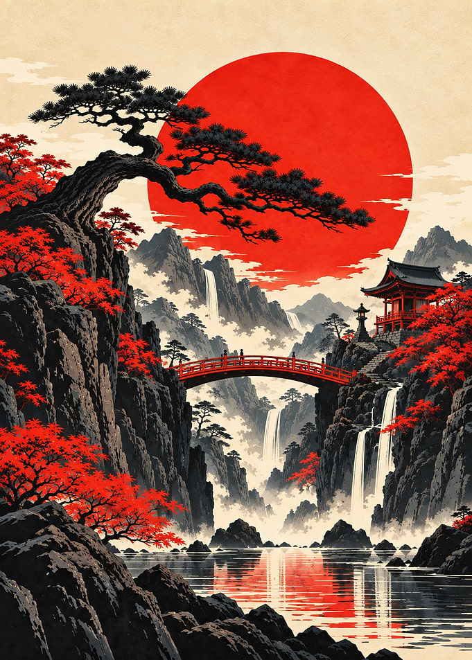 Japanese Landscape with Red Sun