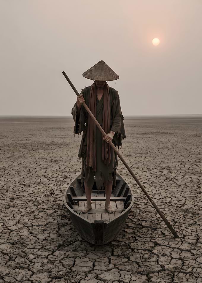 Man in Boat on Dry Land