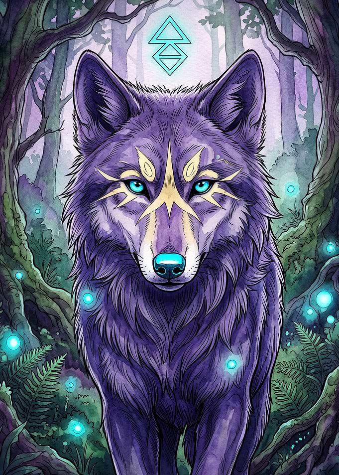 Purple Wolf Magic Forest Art Poster