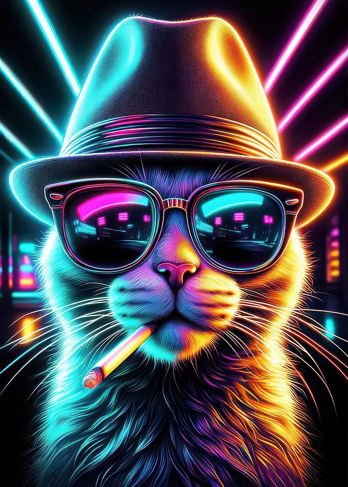 Neon Cyberpunk Cat in Fedora
