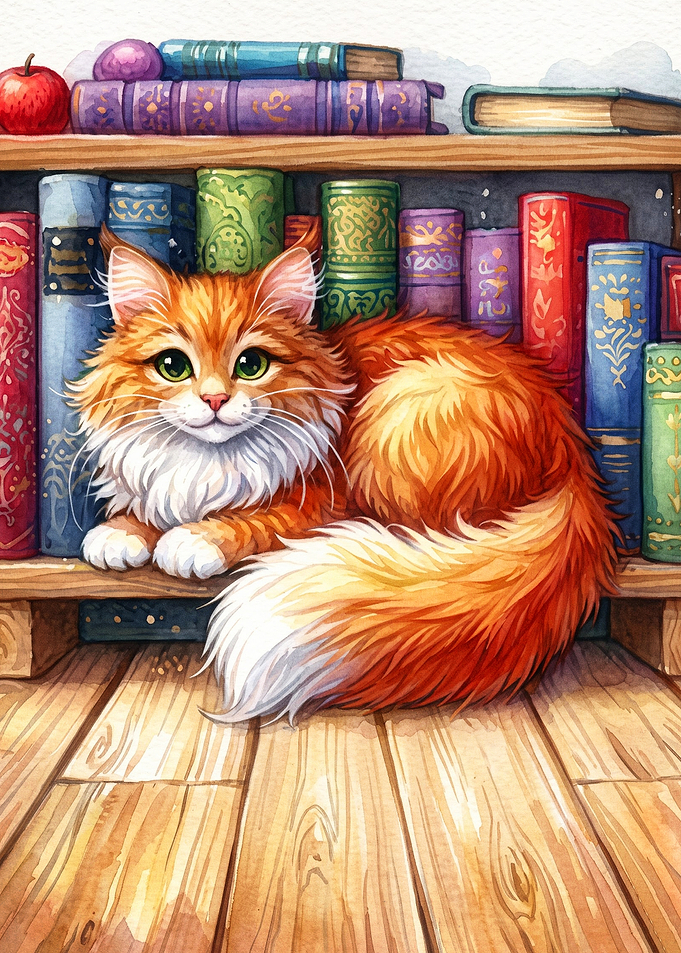 Cat Bookshelf Watercolor Art Poster
