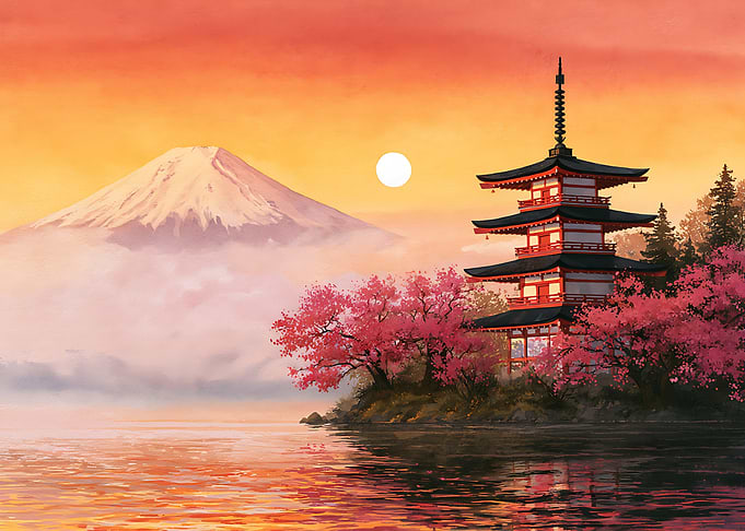 Mount Fuji and Pagoda at Sunset