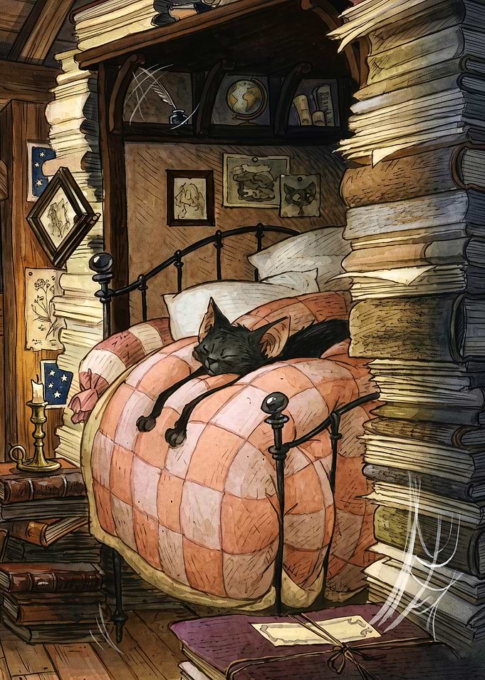 Cozy Cat Book Nook Fantasy Art