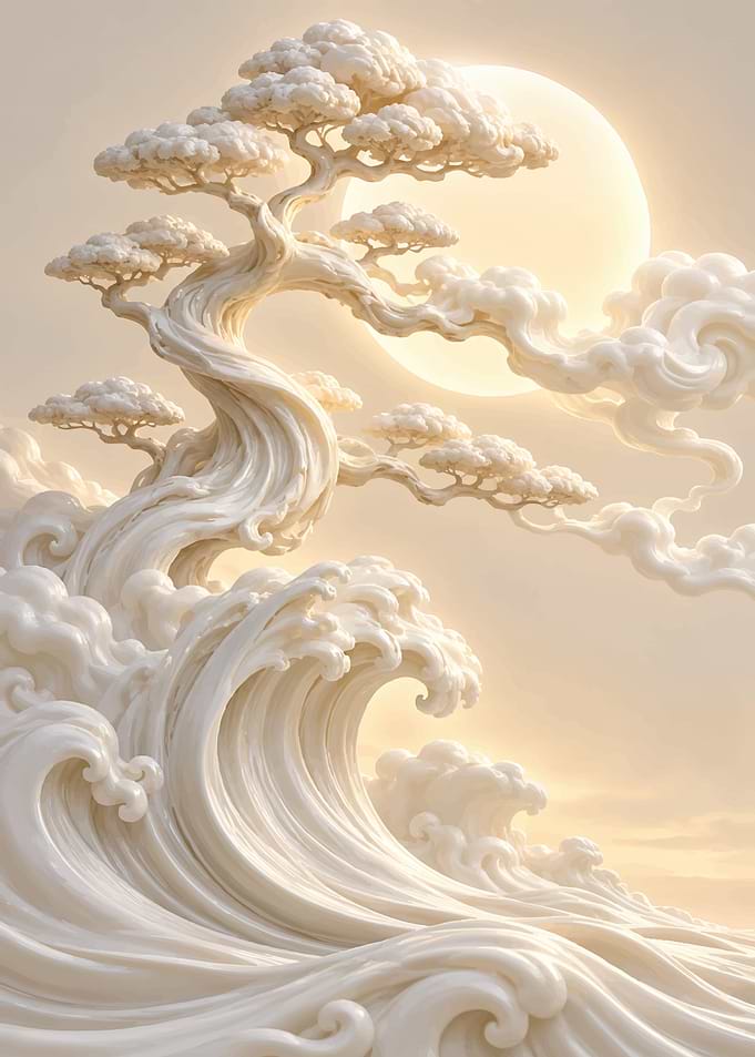 Ethereal Porcelain Bonsai and Ocean Waves
