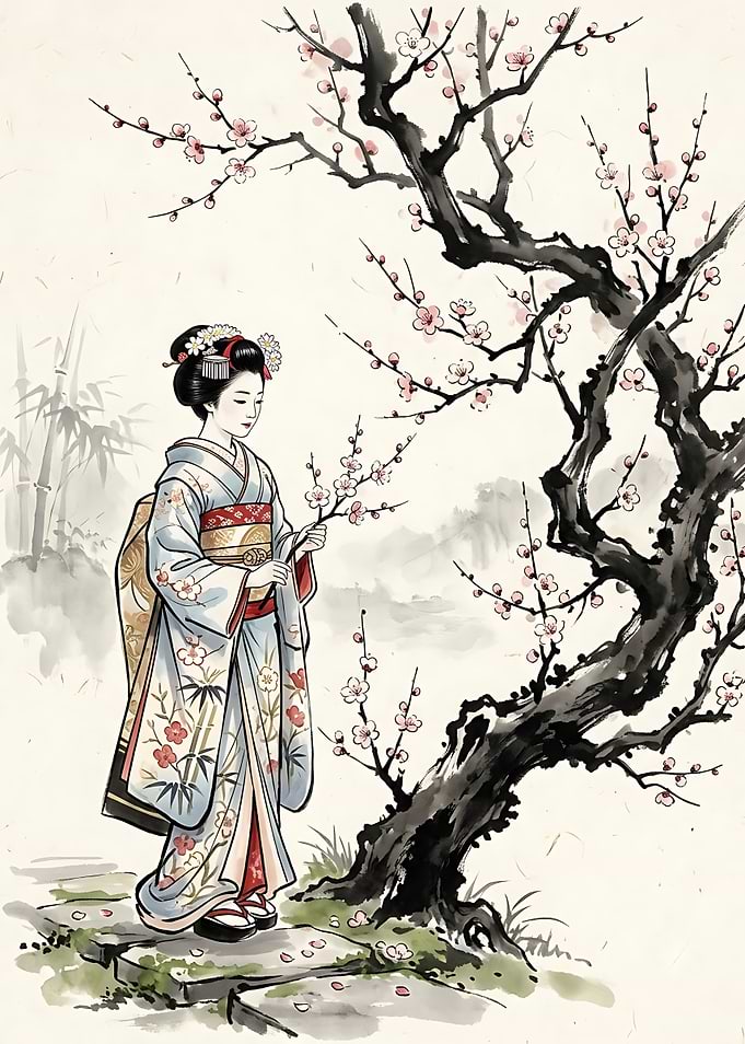Geisha Standing Under Plum Blossom Tree