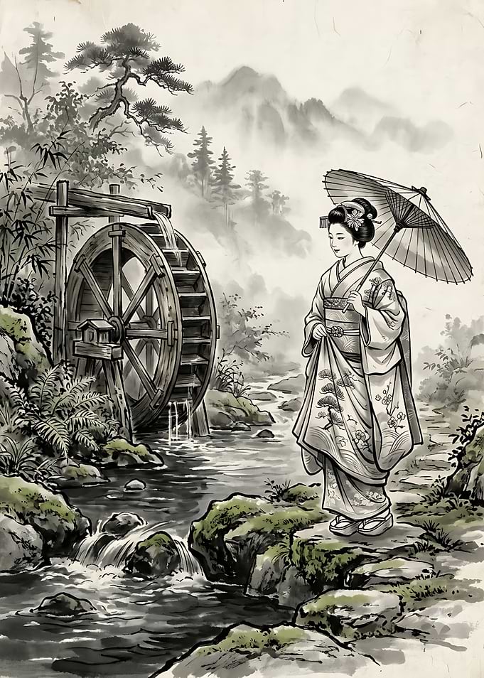Geisha by a Traditional Waterwheel