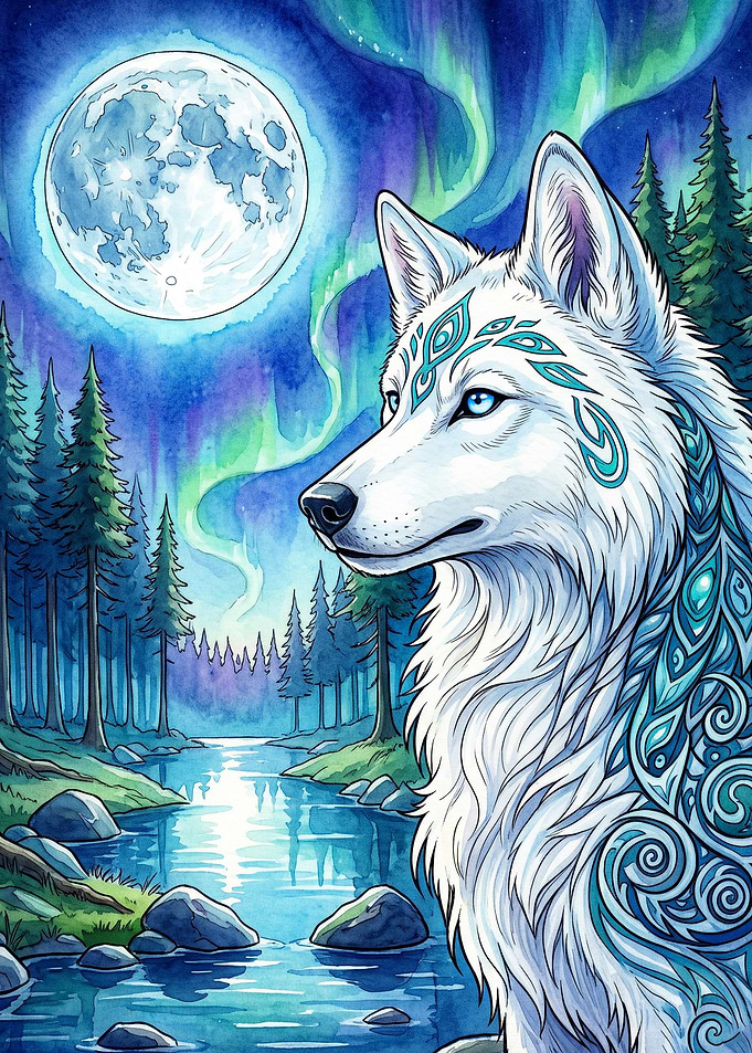 White Wolf Northern Lights Poster