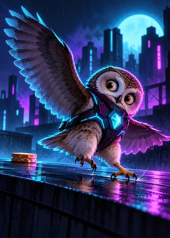 Cyberpunk Owl Superhero in City