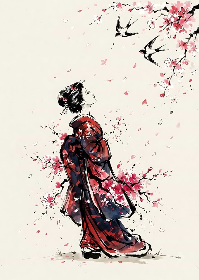 Geisha with Cherry Blossoms and Swallows