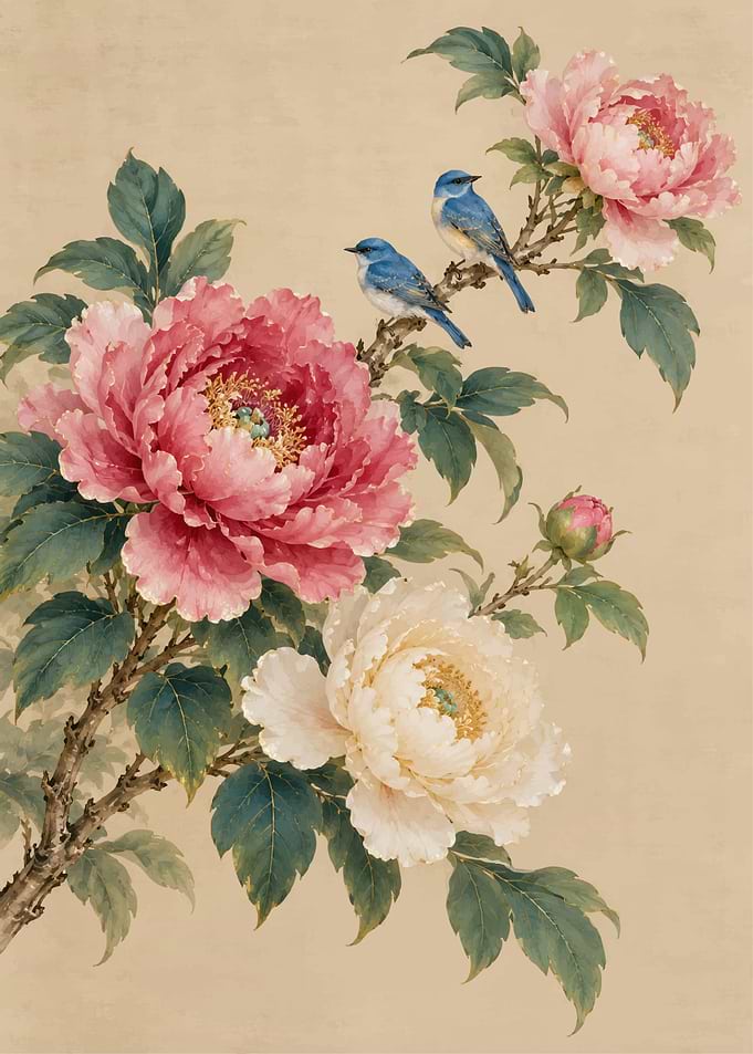 Bluebirds Perched on Peony Branches