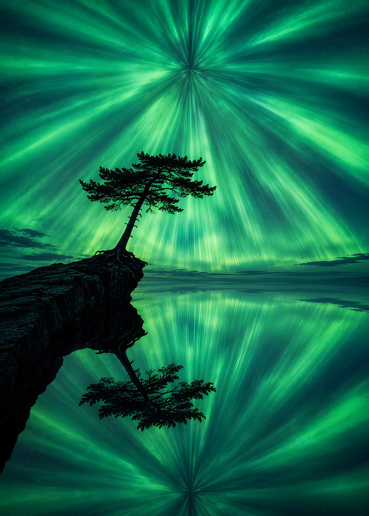 Lone Tree Under Green Aurora