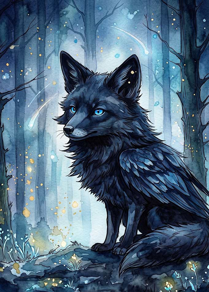 Mystic Fox Winged Forest Watercolor