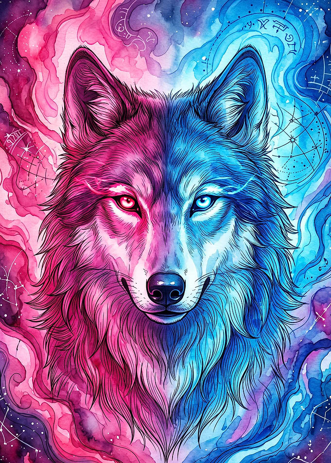 Cosmic Wolf Nebula Watercolor Art