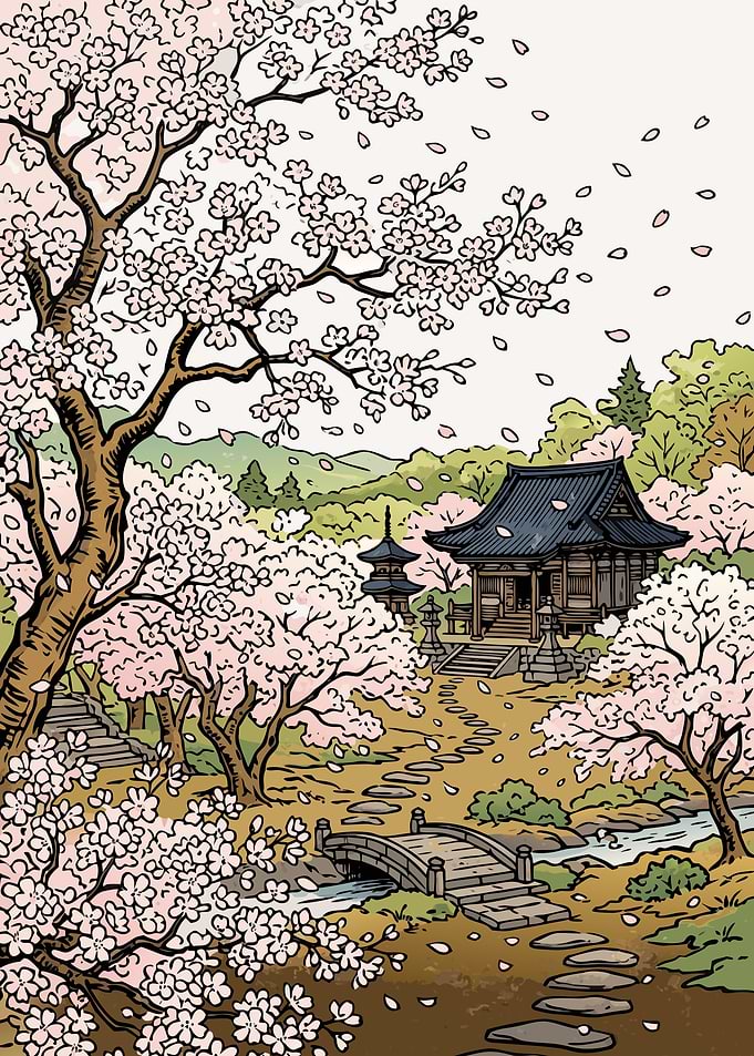 Cherry Blossom Temple Bridge Illustration