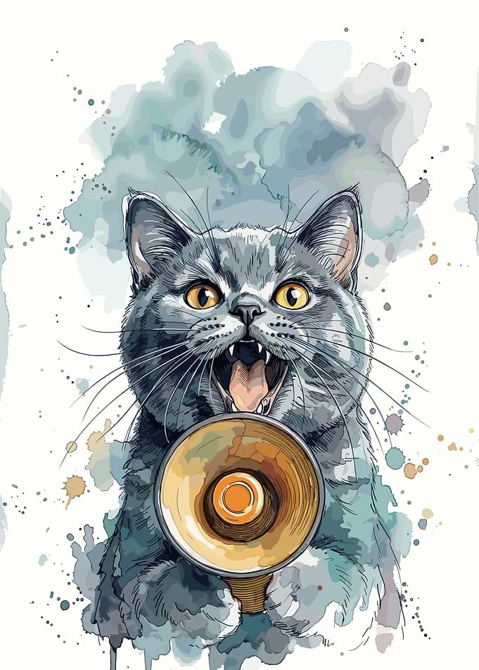 Cat Shouting Into Megaphone Watercolor Art