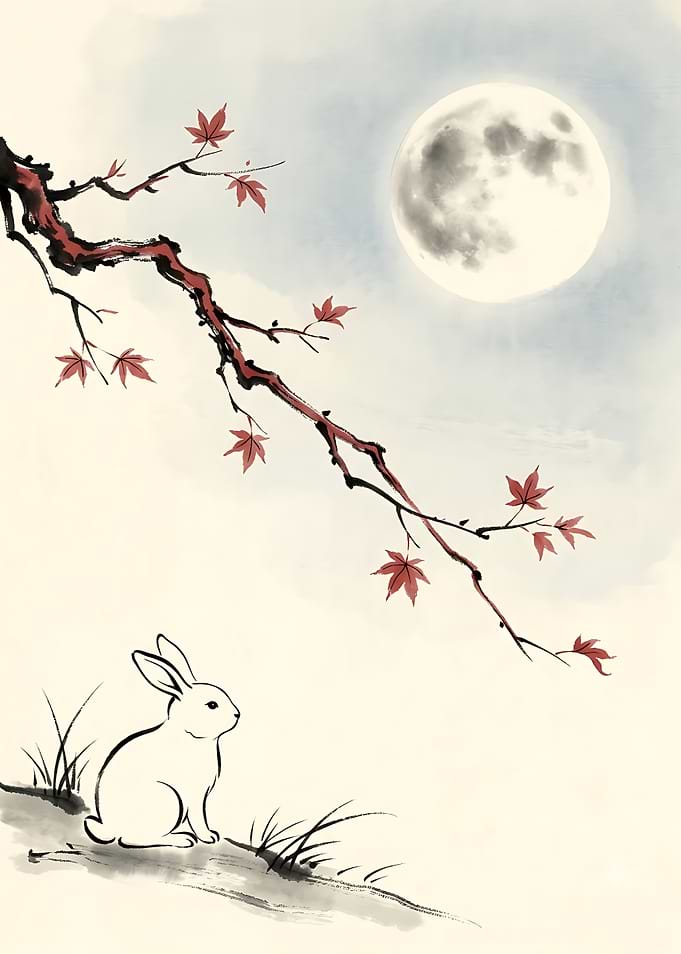 Rabbit Under Full Moon Ink Wash