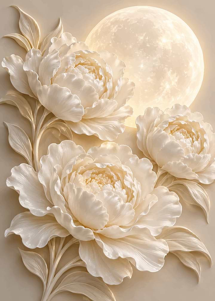 Elegant White Peonies and Moon