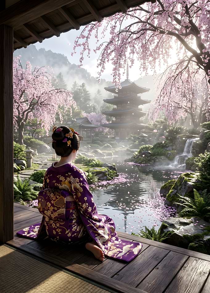 Geisha Gazing at Cherry Blossom Garden