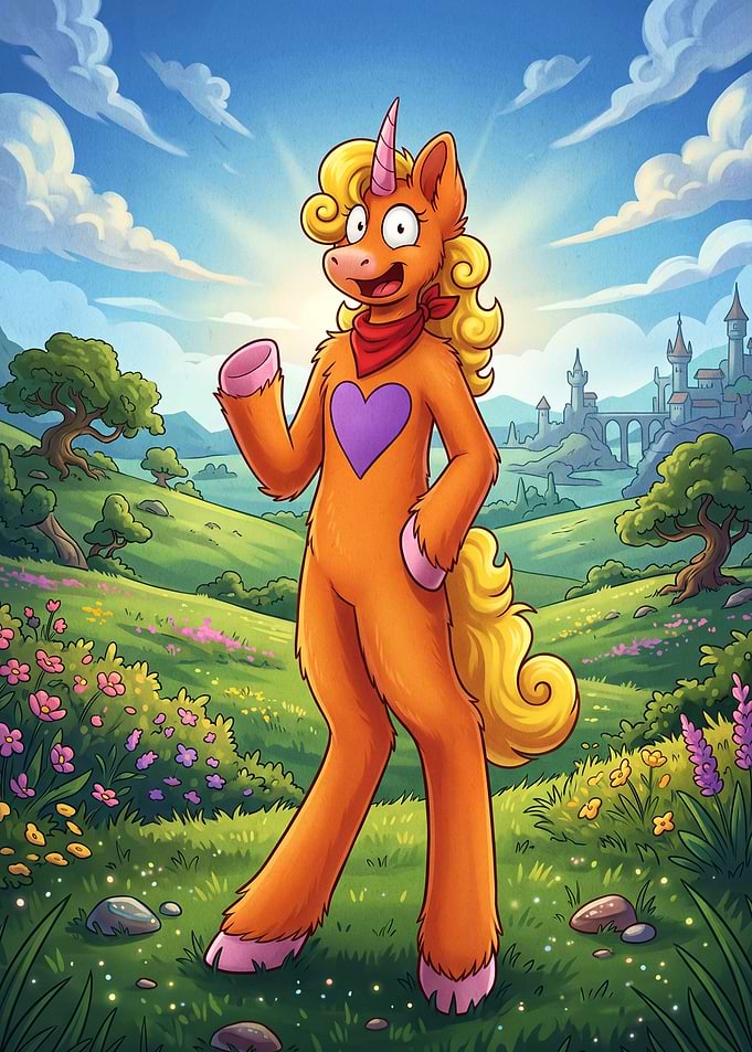 Cheerful Orange Unicorn Character Illustration