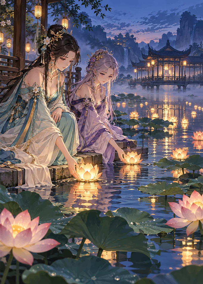 Two Women Releasing Lotus Lanterns