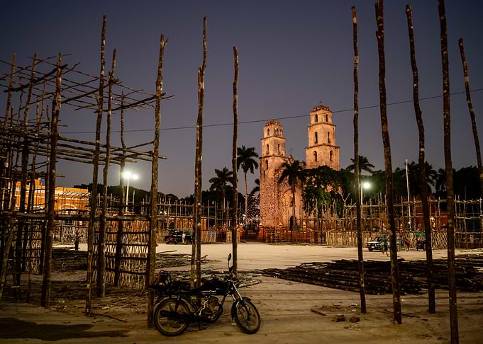 Colonial Church at Dusk with Scaffolding
