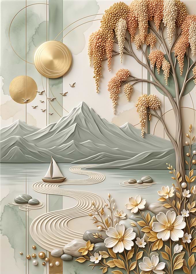 Zen Landscape with Golden Sun