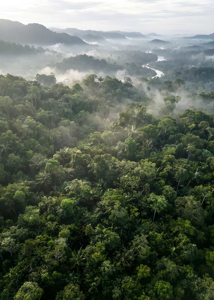 Misty Amazon Rainforest Aerial View