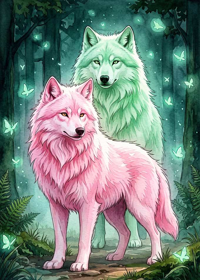 Pink & Green Wolf Mystic Forest Art