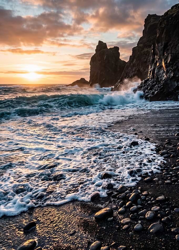 Sunset over Icelandic Black Sand Beach