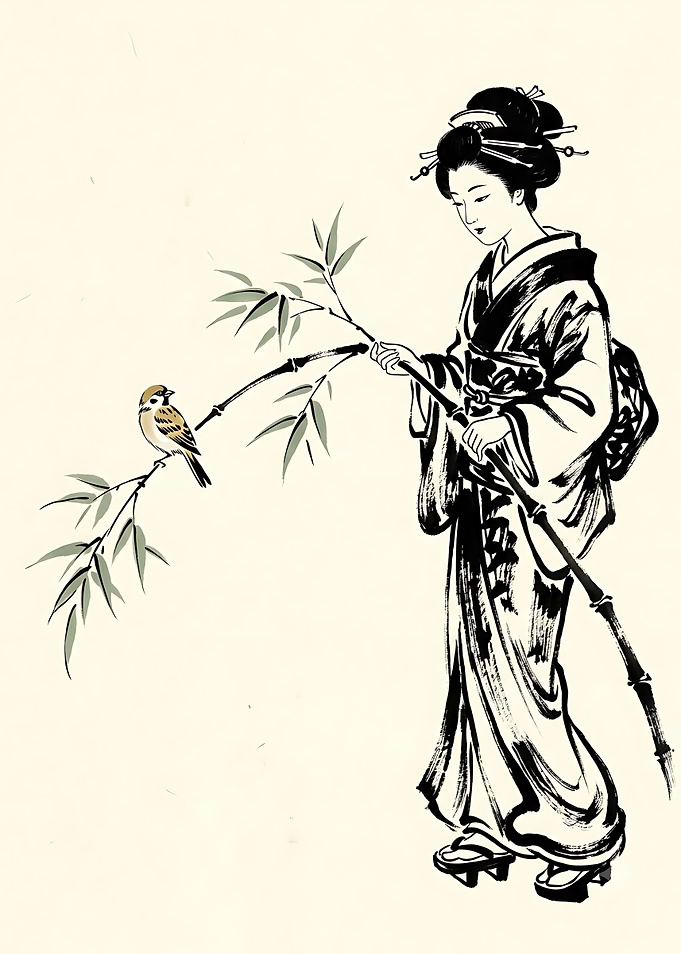 Geisha with Sparrow and Bamboo