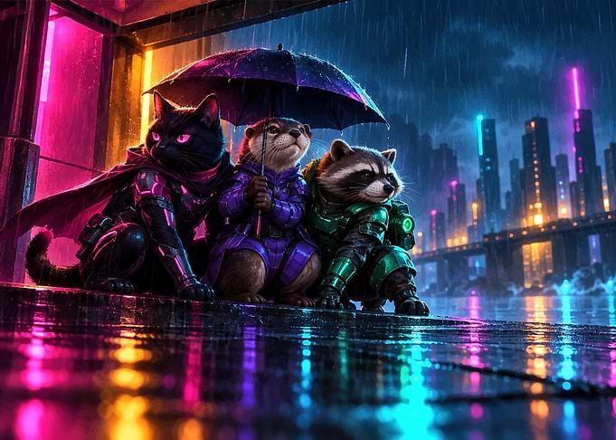Cyberpunk Animals Under Neon Rain