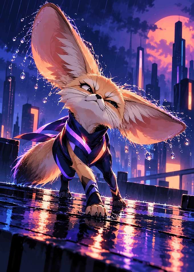 Cyberpunk Fennec Fox in Rain