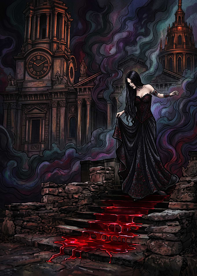 Gothic Woman Descending Blood Stained Stairs
