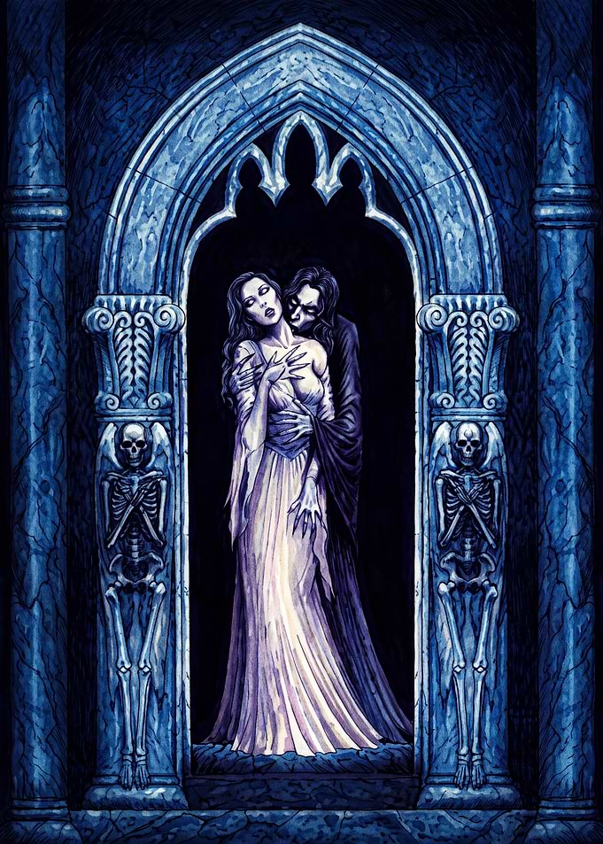 Gothic Vampire Embrace in Stone Archway