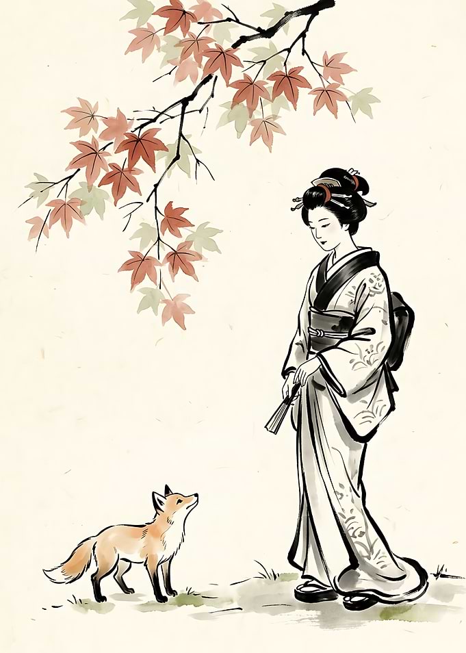 Geisha and Fox Under Maple Tree