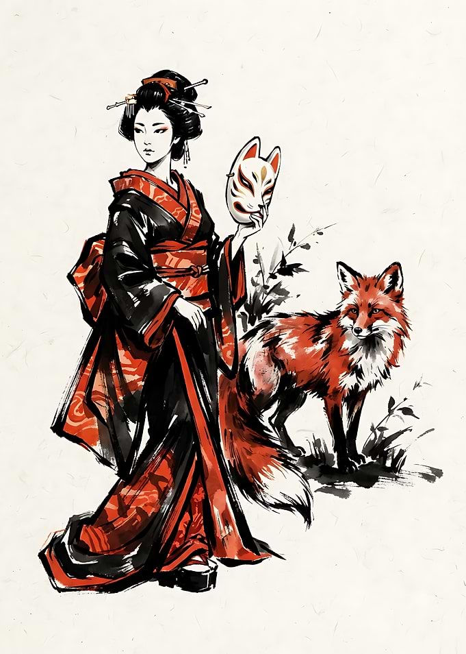 Geisha with Kitsune Mask and Fox