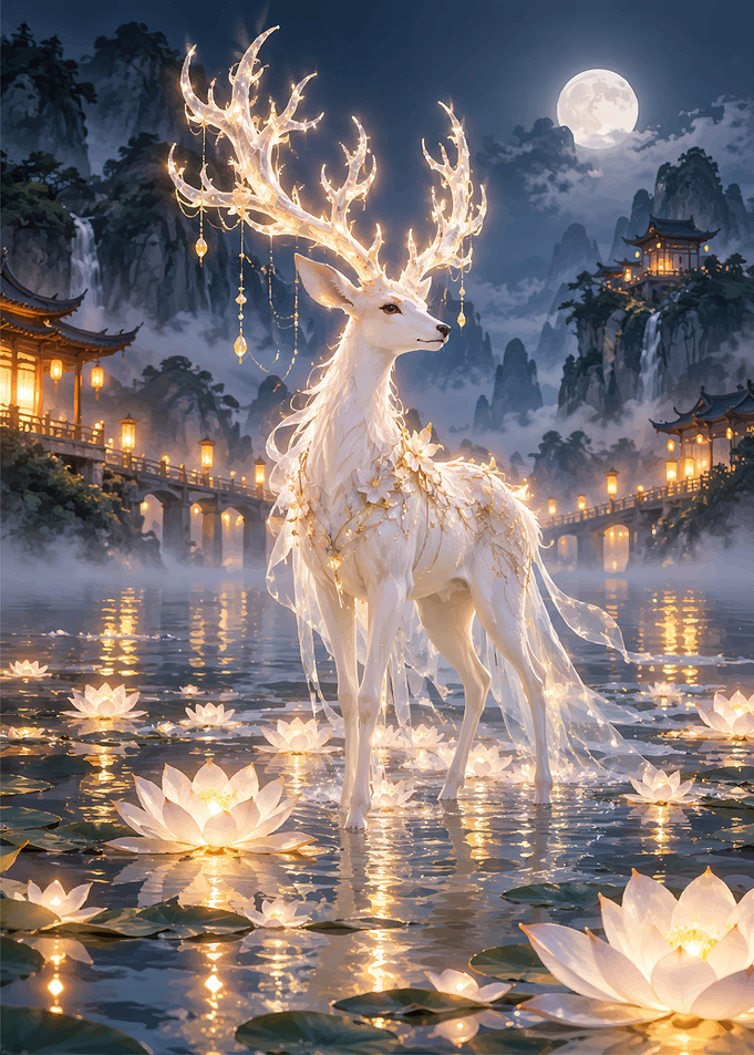 Ethereal White Deer in Lotus Pond